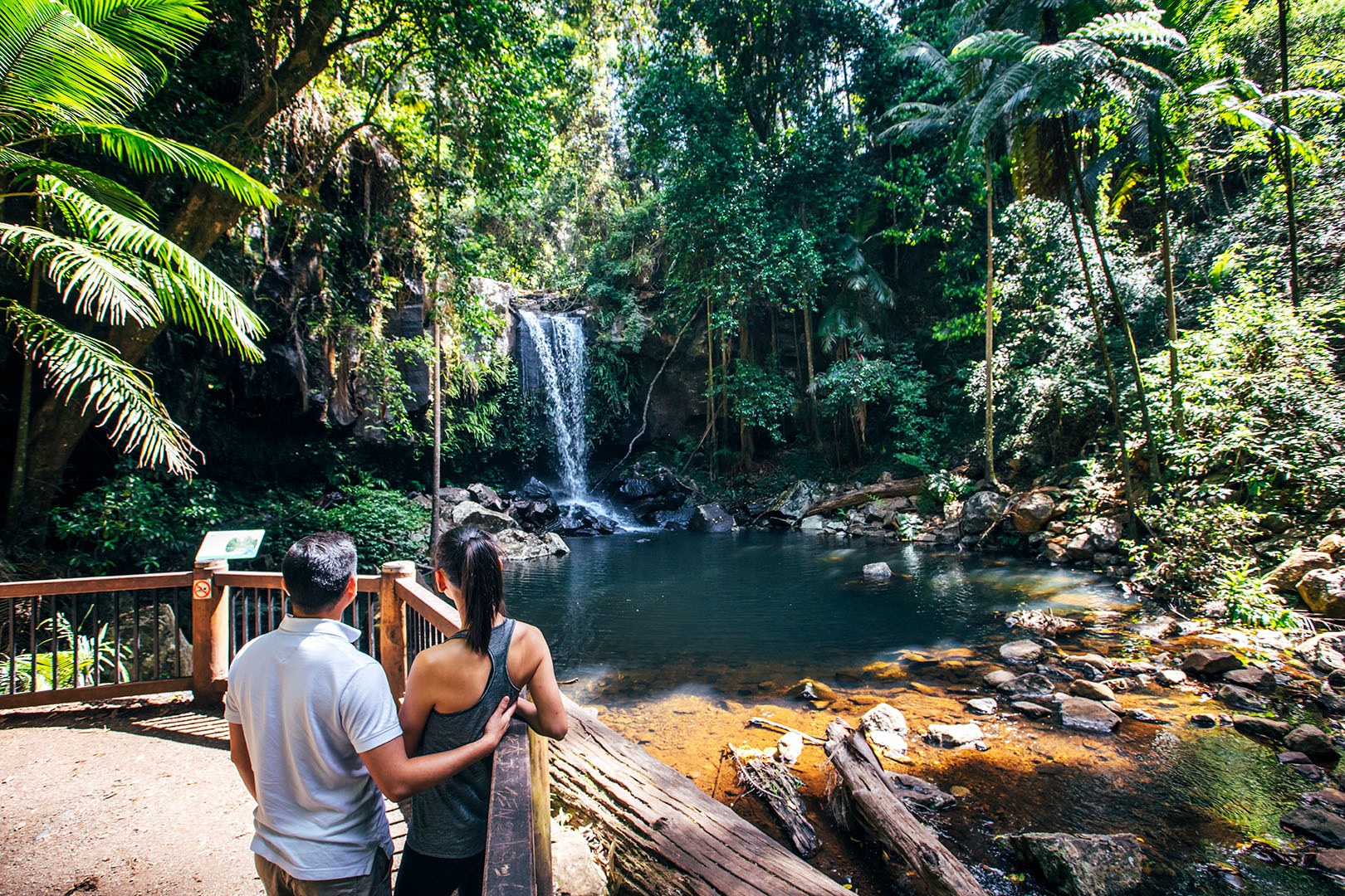 A couple at the viewing platform at Curtis Falls. The falls are surrounded by rainforest with a calm rock pool at the base.