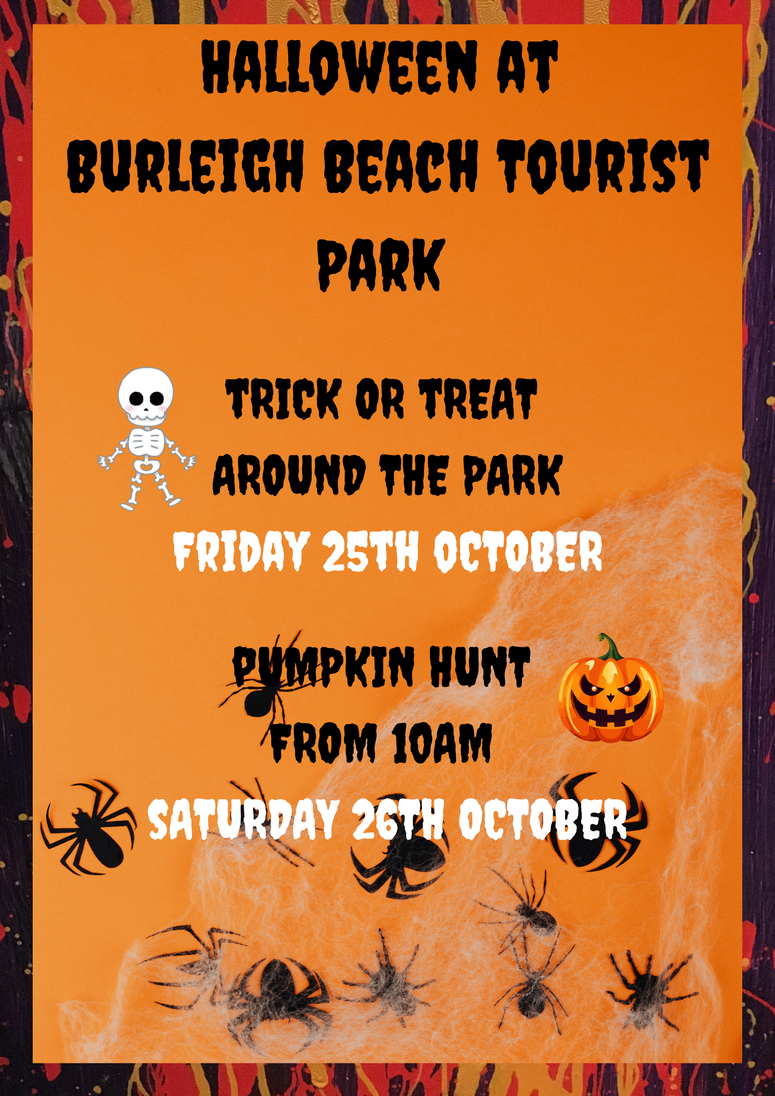 Poster of Halloween weekend activities for Burleigh Beach Tourist Park