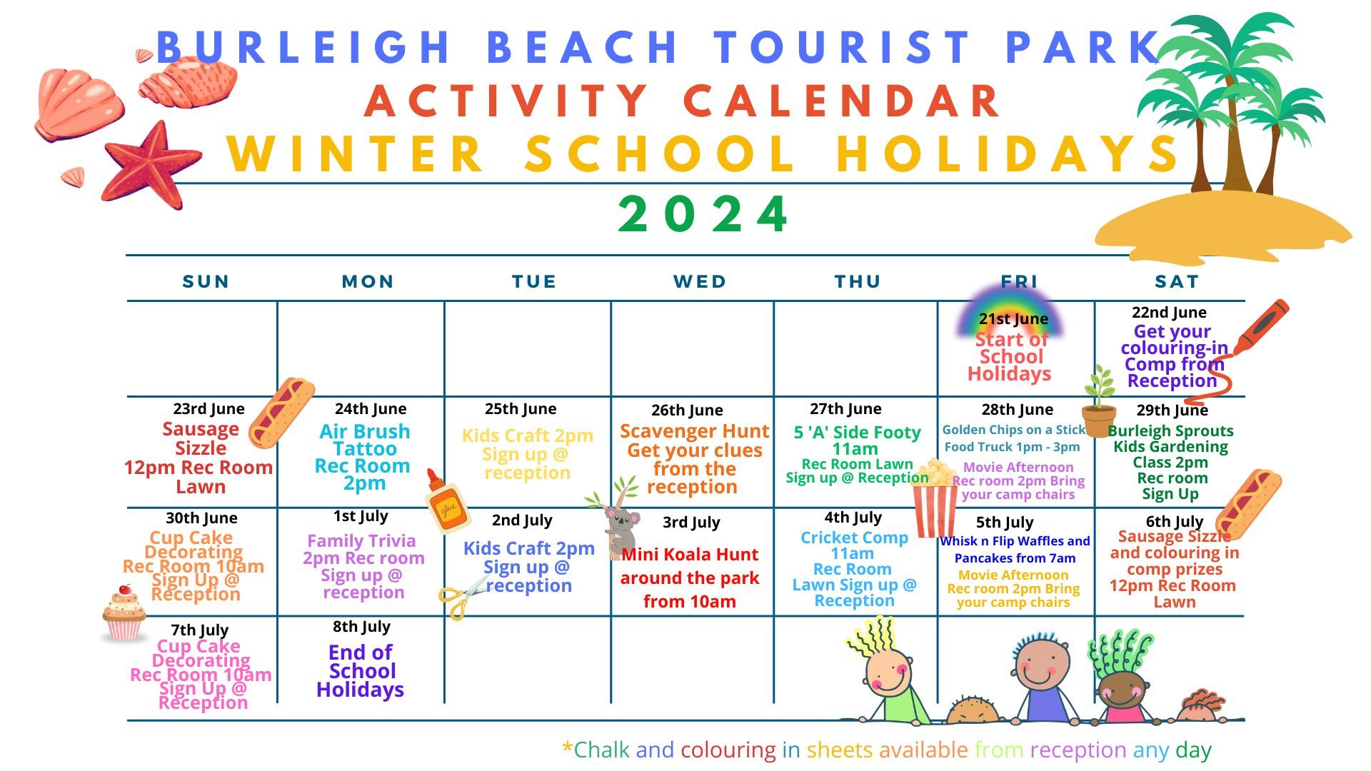 An image of the Burleigh Beach Tourist Park Activity Planner 2024